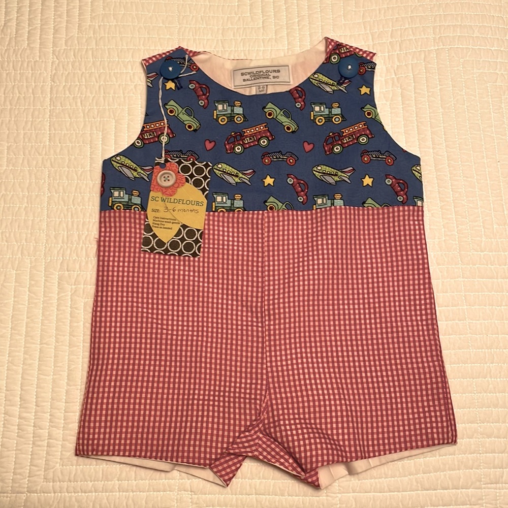 NWT Boutique short-all / Jon Jon in red check/ blue transportation print.